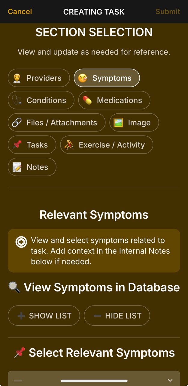 Tasks Page (Create Task, Referencing Assigned Symptoms)